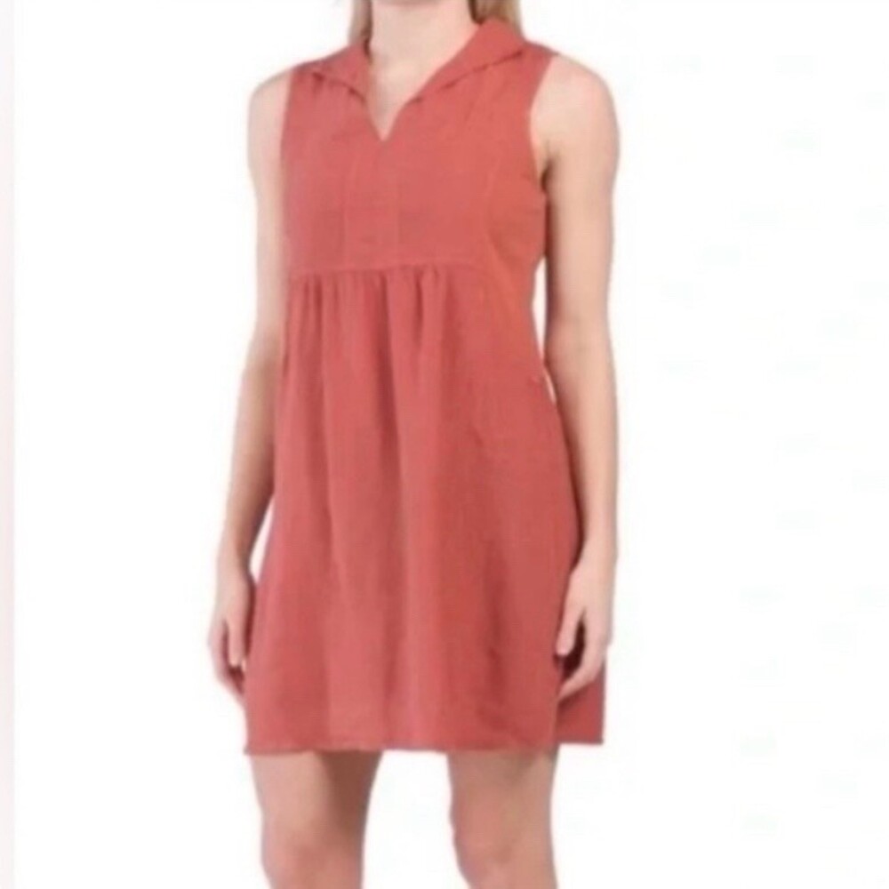 Terzo Millennio Linen Dress Womens Size M Coral Orange Sleeveless Collared Shift